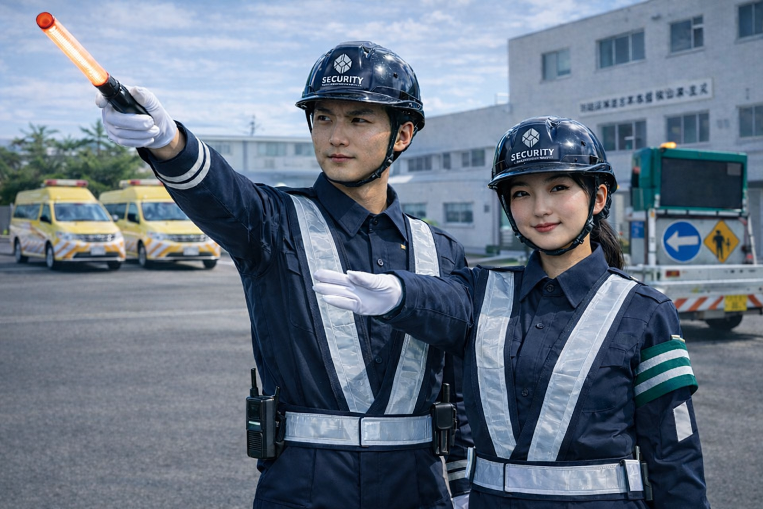 現場で誘導する警備員